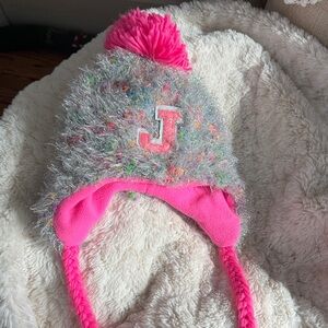 Justice Pink and Gray Fuzzy Pom-Pom Hat
